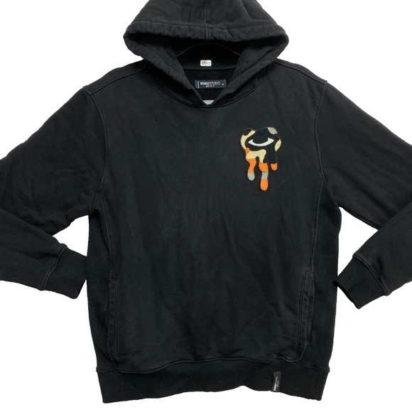 Roku Studio Hoodie Mens M Black Crying Cat Eyes Dripping Tears Pullover Patches - Picture 1 of 11